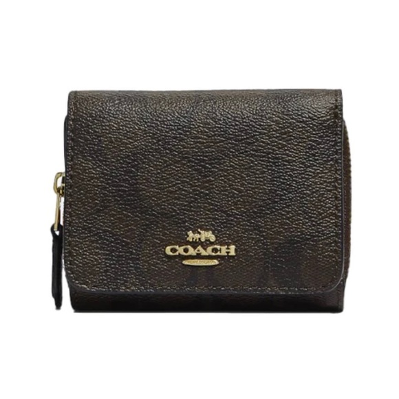 NWT💃Coach Small Trifold Wallet In Signature Canvas Brown Black - Picture 5 of 8